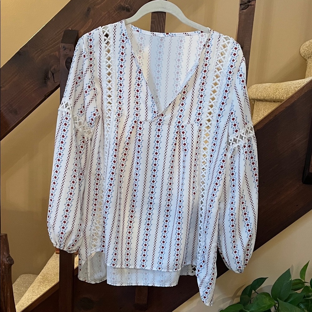 White, with Blue and Red  Patterned Women's S Top